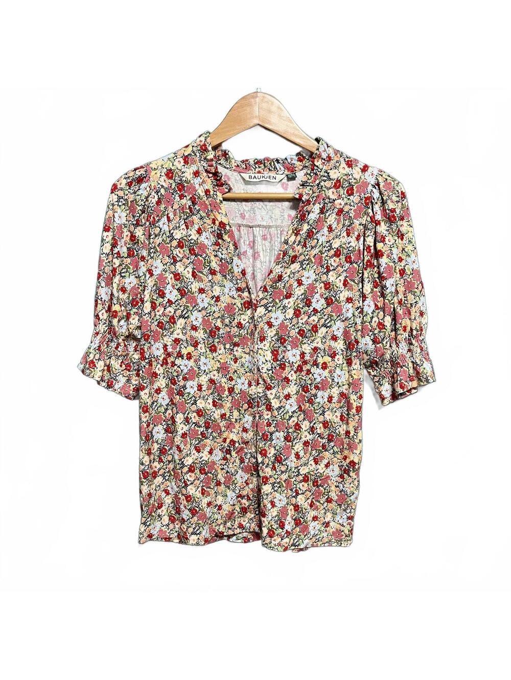 Baukjen Floral Ruffle Blouse Size 6 - Boho Cottagecore V-Neck Puff Sleeve Top